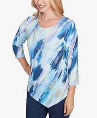 Alfred Dunner Petite Classics Diagonal Brushstroke Top with Necklace