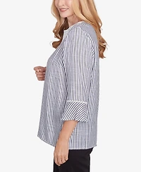 Alfred Dunner Petite Classics Embroidered Split Neck Striped Top
