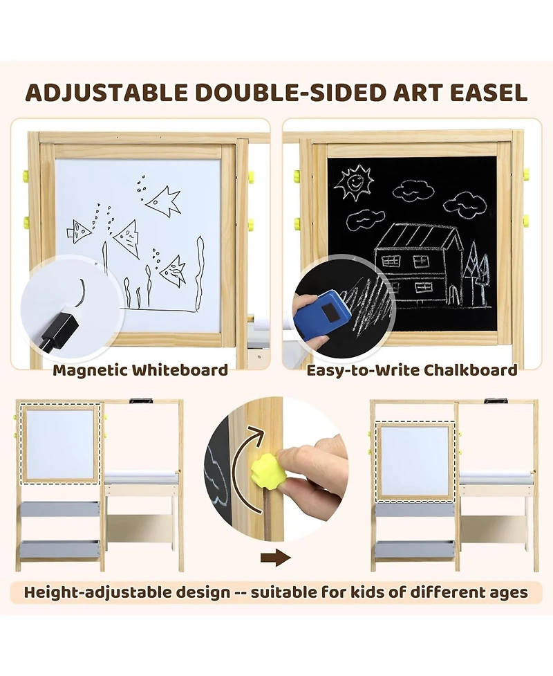 gaomon Wooden Easel for Kids, Kids Art Table and 2 Chairs,Art Center with Double-Sided Blackboard & Whiteboard