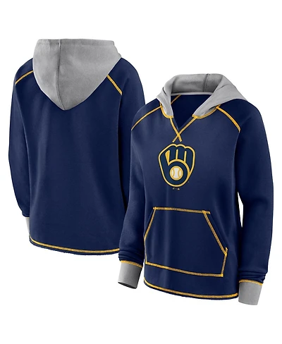 Fanatics Women's Navy Milwaukee Brewers Boom Fleece Pullover V-Neck Hoodie