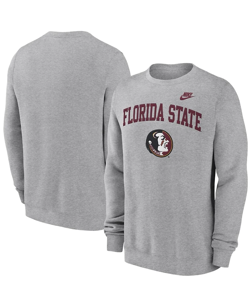 Nike Men's Heather Gray Florida State Seminoles Legacy Classic Tackle Twill Embroidered Arch Over Logo Pullover Sweatshirt