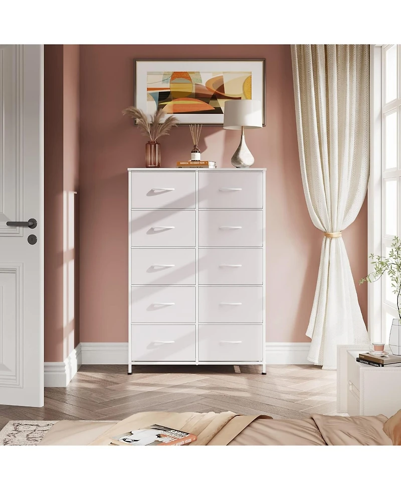 Wlive 10-Drawer Dresser Fabric Storage Tower for Bedroom Hallway Closets Tall Chest Organizer Unit with Textured Print Fabric Bins Steel Frame Wood To