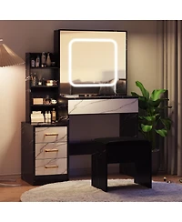 gaomon Vanity Desk with Mirror and Led Lights, Makeup Vanity Desk with Sliding Lighted Mirror, Power Outlet, Dressing Table with 4 Drawers