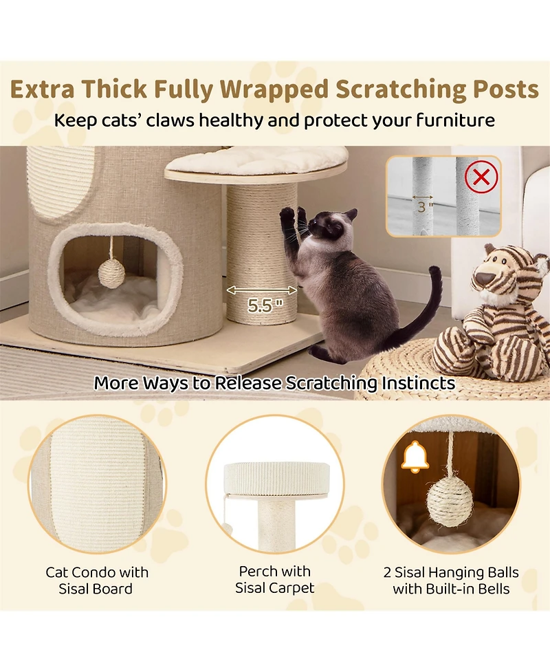 Gymax 61'' Cat Tree for Indoor Cats w/ 2-stoery Condo Top Perch Sisal Scratching Posts