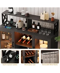 gaomon Farmhouse Wine Bar Cabinet with Led Light,Tempered Glass Doors, Power Outlet,Wine and Goblet Holder,Liquor Storage Cabinet for Dining Room, Liv