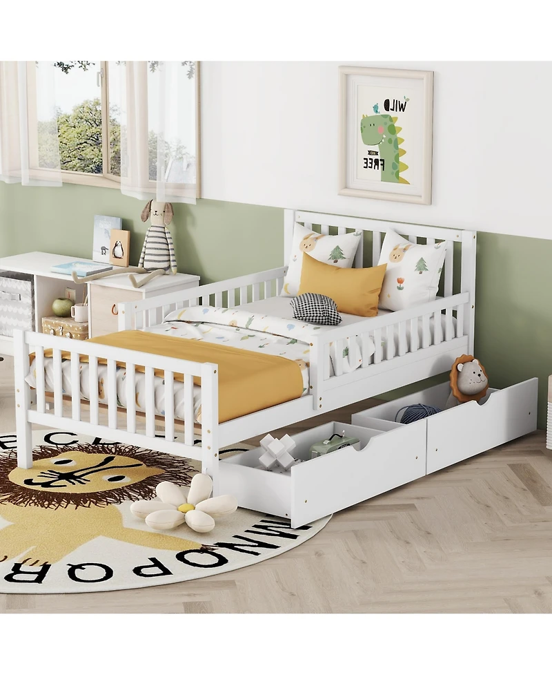 Wood Platform Bed with Guardrails on Both Sides and Two Storage Drawers