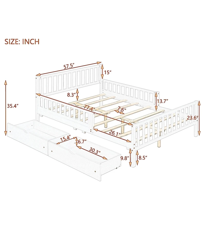 Wood Platform Bed with Guardrails on Both Sides and Two Storage Drawers