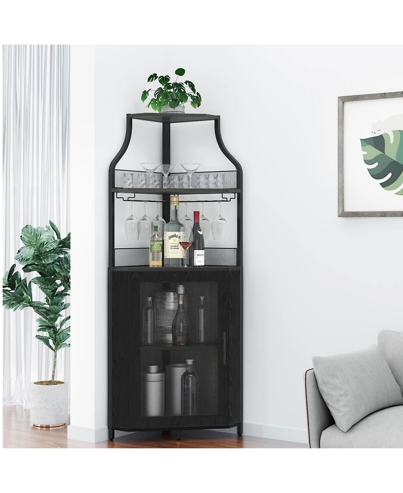 gaomon Corner Wine Bar Rack Cabinet with Detachable Wine Rack, Home Bar Cabinet with Barn Door and Adjustable Shelf