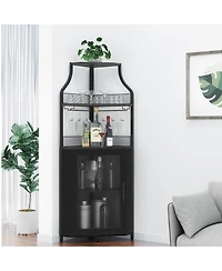 gaomon Corner Wine Bar Rack Cabinet with Detachable Wine Rack, Home Bar Cabinet with Barn Door and Adjustable Shelf