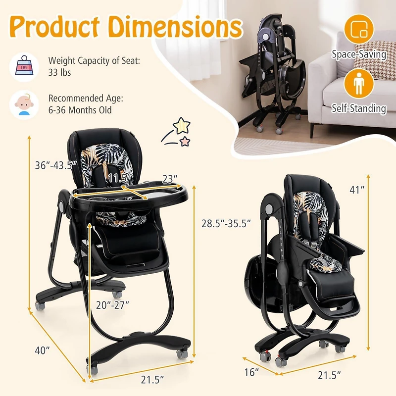 Gouun Multifunctional Folding Baby High Chair with Rolling Wheels and Adjustable Height