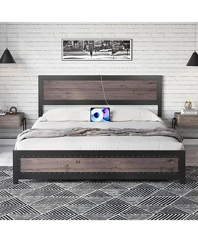 gaomon Queen Size Bed Frame with Headboard, Industrial Platform Bed Frame with Charging Station, No Box Spring Required, Easy to Assemble, Wooden Matt