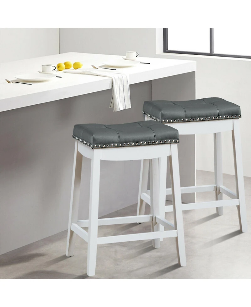 Gymax Set of 2 Nailhead Saddle Bar Stools 24'' Counter Stools White with Cushion