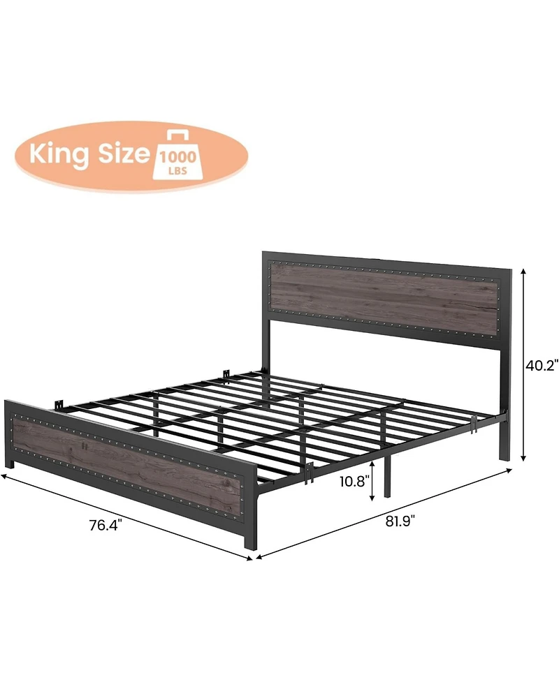 gaomon King Size Bed Frame with Headboard, Industrial Platform Bed Frame with Charging Station, No Box Spring Required, Easy to Assemble, Wooden Mattr
