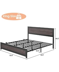 gaomon King Size Bed Frame with Headboard, Industrial Platform Bed Frame with Charging Station, No Box Spring Required, Easy to Assemble, Wooden Mattr