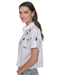 Karl Lagerfeld Paris Petite Cotton Button-Front Embellished Shirt