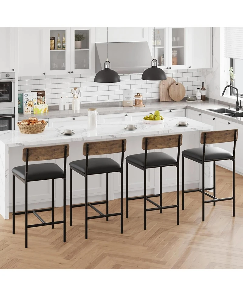 Bar Stools Set of 4, Upholstered Counter Height Bar Stools with Backrest and Footrest, Kitchen Barstools for Island, Counter Bar