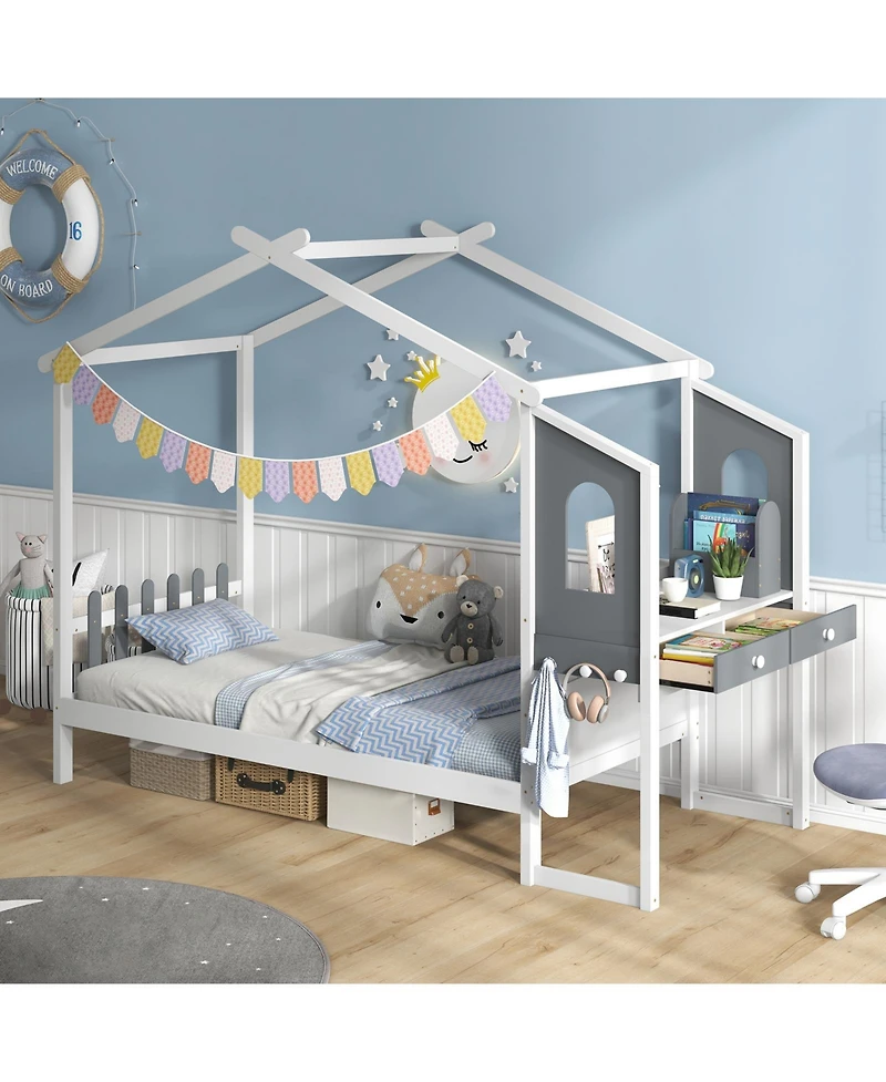 Full-Size Kids Bed Frame with House Roof, Canopy, and Fence Design