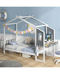 Full-Size Kids Bed Frame with House Roof, Canopy, and Fence Design