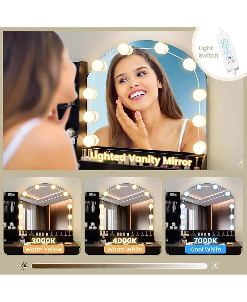 Costway Vanity Set with Mirror and Lights Dressing Table and Chair 4 Drawers 3 Open Shelves