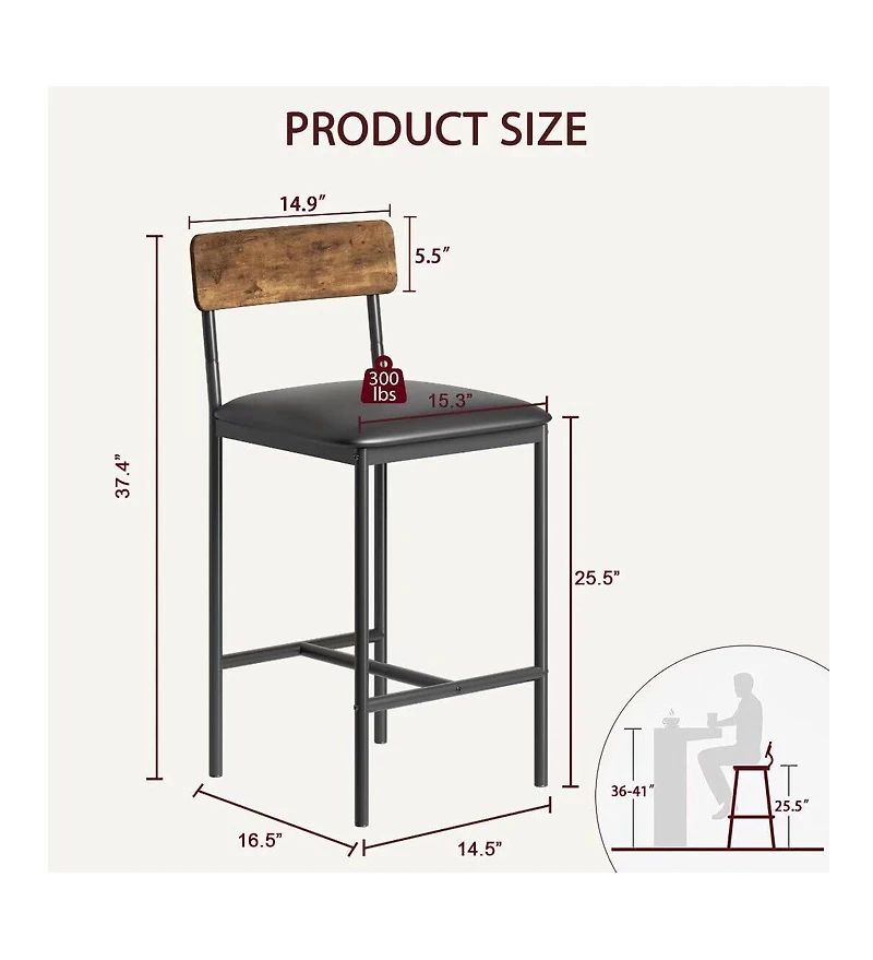 Bar Stools Set of 2, Upholstered Counter Height Bar Stools with Backrest and Footrest, Kitchen Barstools for Island, Counter Bar