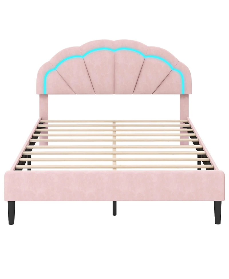 Queen Size Upholstered Led Bed Frame with Adjustable Flower Headboard and Metal Support Legs