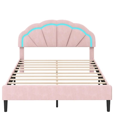Queen Size Upholstered Led Bed Frame with Adjustable Flower Headboard and Metal Support Legs