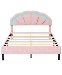 Queen Size Upholstered Led Bed Frame with Adjustable Flower Headboard and Metal Support Legs