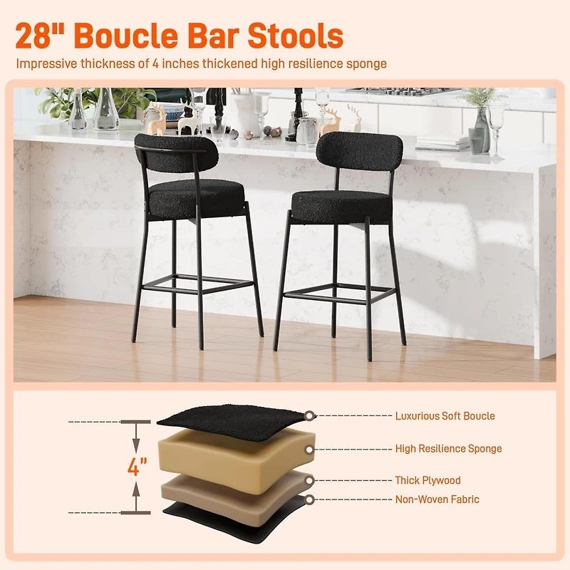Dyhome Bar Stools Set of 3, 28 Inches Modern Counter Height with Curved Back Metal Legs, Upholstered Tall Barstools for Kitchen Island, Caf