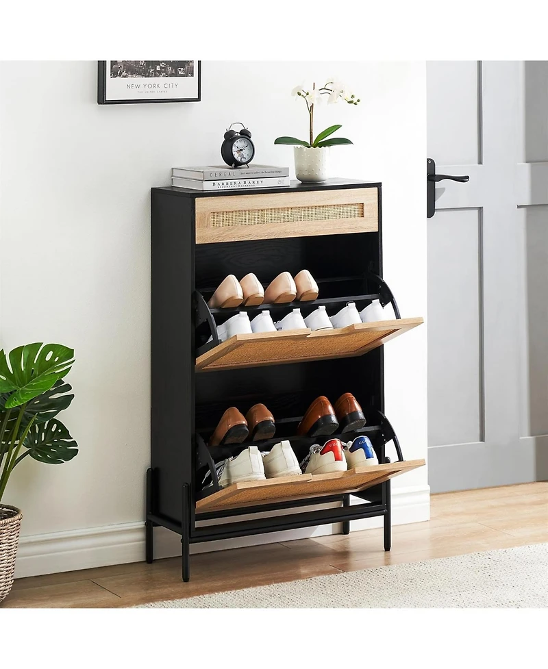 gaomon Natural Rattan Storage Cabinet with 2 Flip Drawers, Wooden Entry Way Cabinet with Storage with Adjustable Shelf and Metal Legs