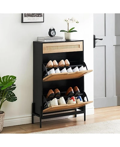 gaomon Natural Rattan Storage Cabinet with 2 Flip Drawers, Wooden Entry Way Cabinet with Storage with Adjustable Shelf and Metal Legs