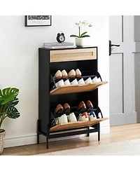 gaomon Natural Rattan Storage Cabinet with 2 Flip Drawers, Wooden Entry Way Cabinet with Storage with Adjustable Shelf and Metal Legs