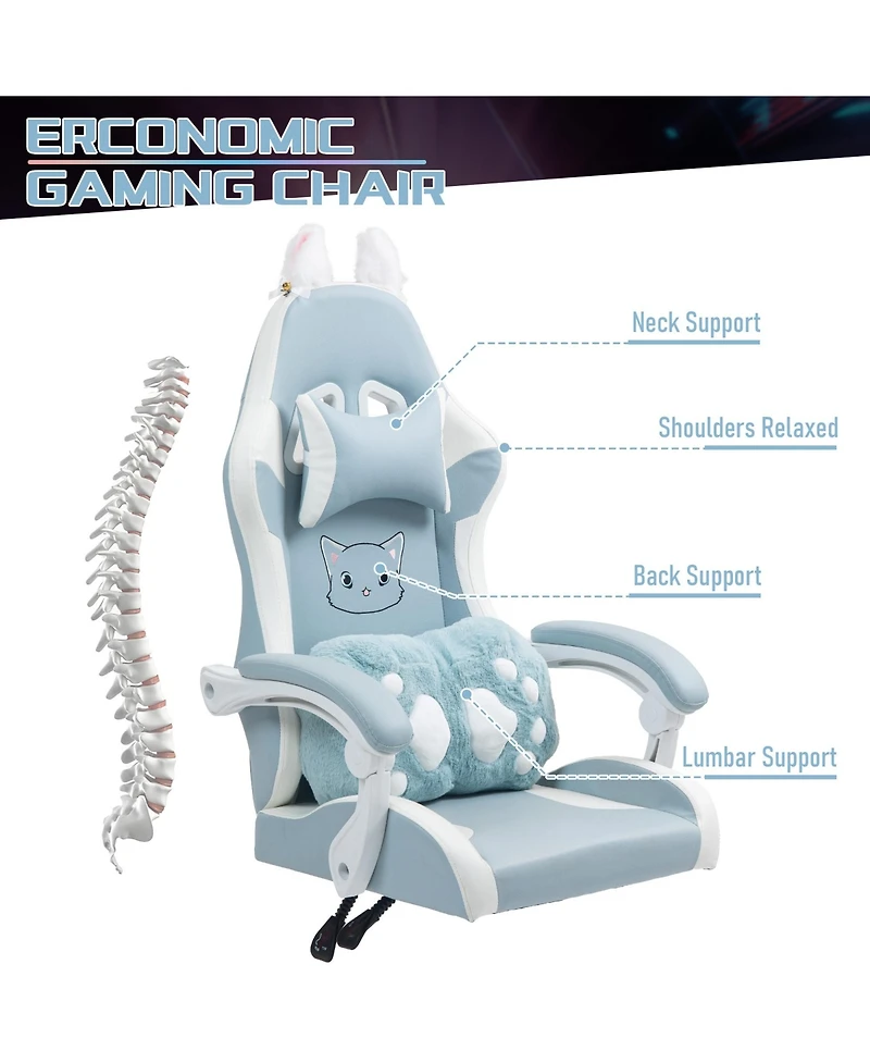 Dyhome Faux Leather Gaming Chair with Cat Paw Lumbar Cushion and Cat Ears, Ergonomic Computer Chair, Reclining Pc Game Chair