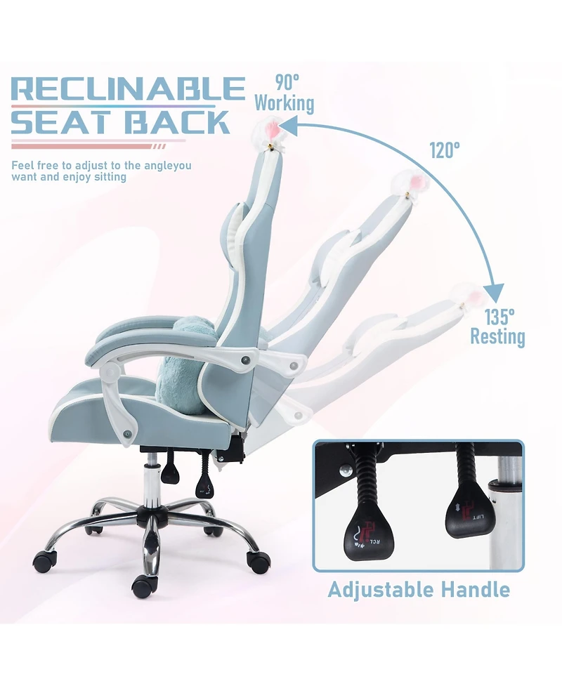 Dyhome Faux Leather Gaming Chair with Cat Paw Lumbar Cushion and Cat Ears, Ergonomic Computer Chair, Reclining Pc Game Chair