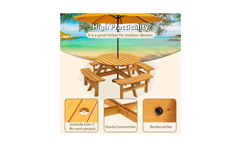 Slickblue 8-Person Wooden Picnic Table for Spacious and Comfortable Outdoor Dining