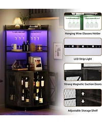gaomon Corner Bar Cabinet with Charge Oult, 5-Tiers Wine Cabinet with Led Light and Glass Holder, Tall Home Liquor Cabinet for Living Room, Corner Dis