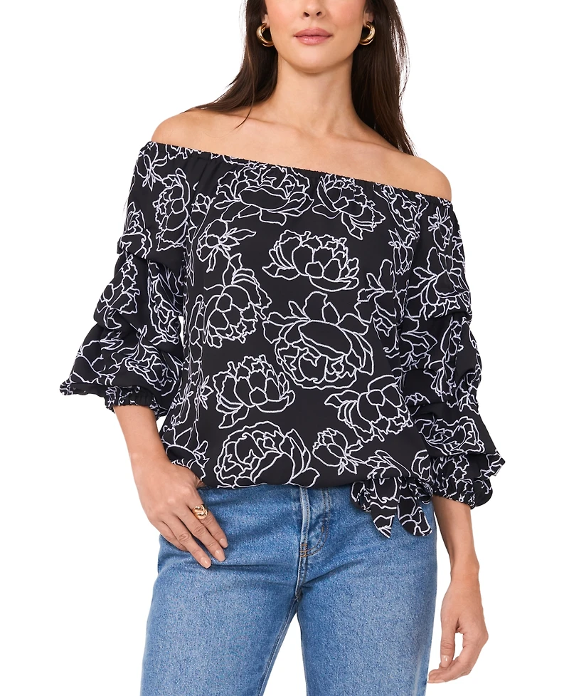 Vince Camuto Women's Floral Off-The-Shoulder Bubble 3/4-Sleeve Tie-Front Blouse