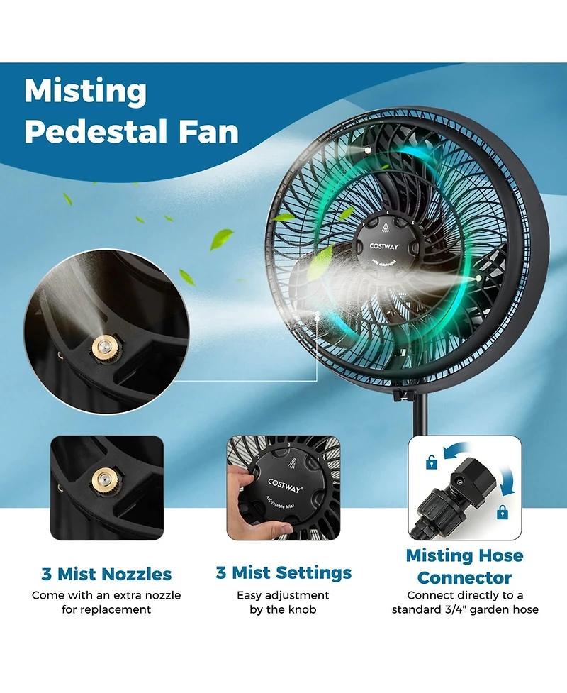 16" Oscillating Fan Misting Pedestal Fan with Hose Connector 3 Micro-Mist Levels