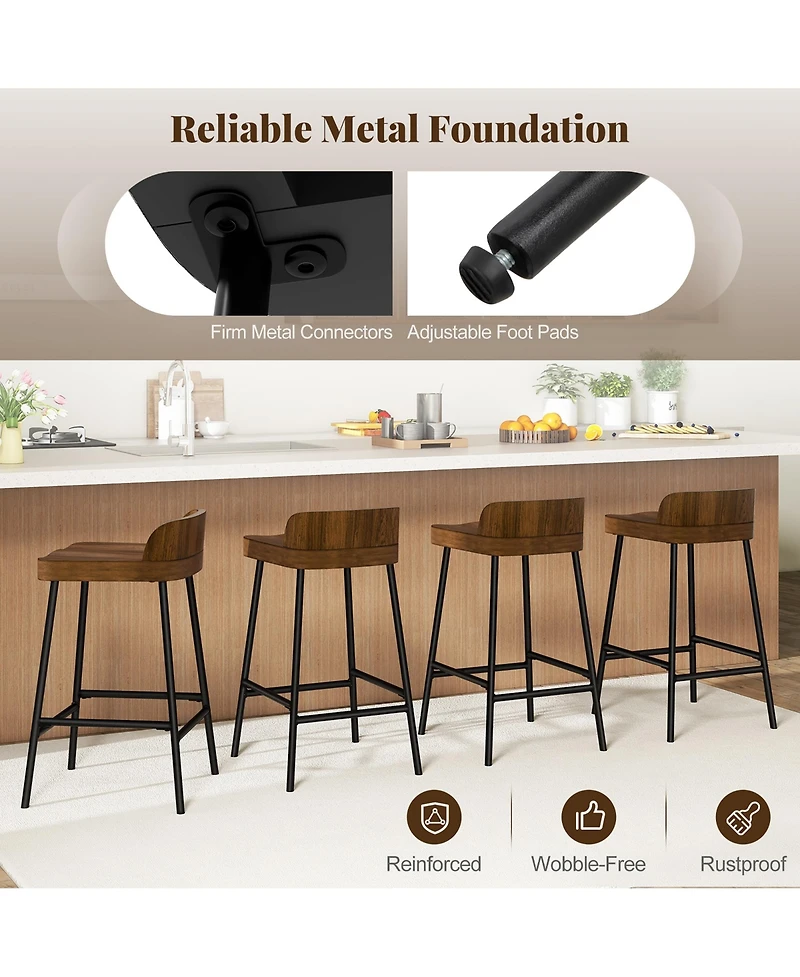 Gymax 24.5''Bar Stool Set of 2 Armless Bar Chair w/ Backrest Footrest & Metal Frame Cafe