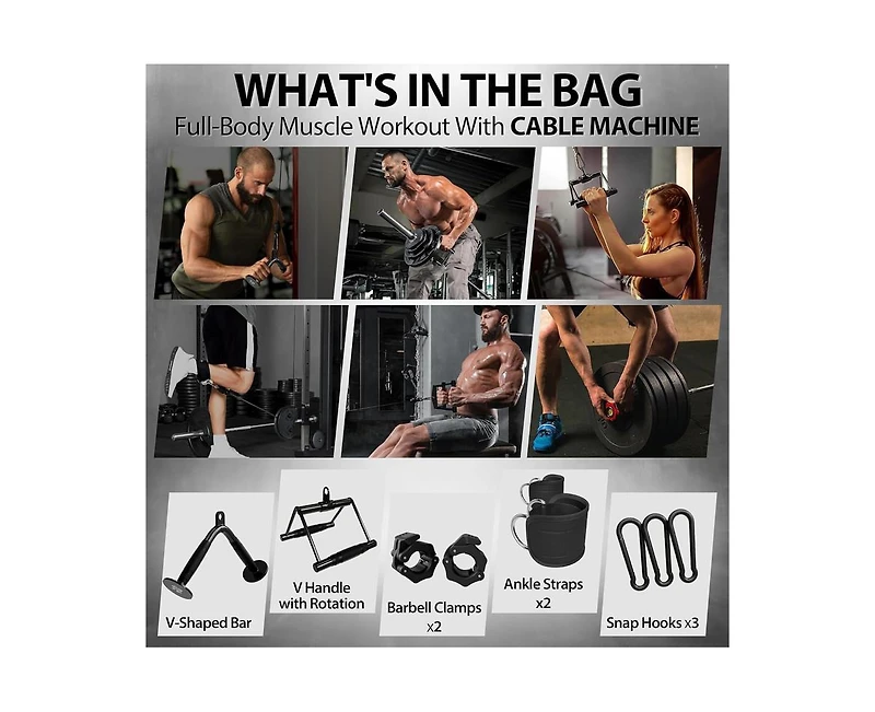 Mikolo Cable Attachments for Gym, Heavy-Duty Cable Machine Attachment Set with Lat Pulldown, V Bar, Double D Handle, Ankle Straps, and Barbell Clamps