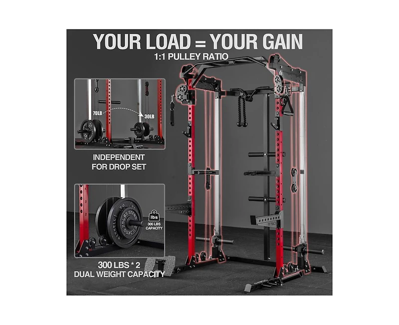 Mikolo Power Cage, 2000LB Squat Rack, Dual Pulley Cable Crossover System, Multi-function Free Weight Home Gym Workout Machine with Attachments