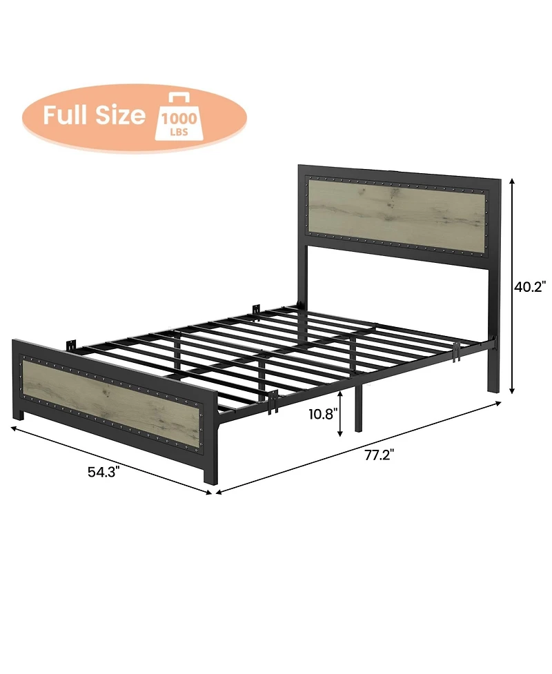 gaomon Full Size Bed Frame with Headboard, Industrial Platform Bed Frame with Charging Station