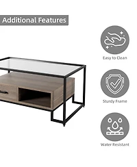 gaomon Coffee Table Tempered Glass Top, Rectangle Center Table with Drawers and Storage Shelf, Industrial Glass Top Accent Table for Home Living Room,