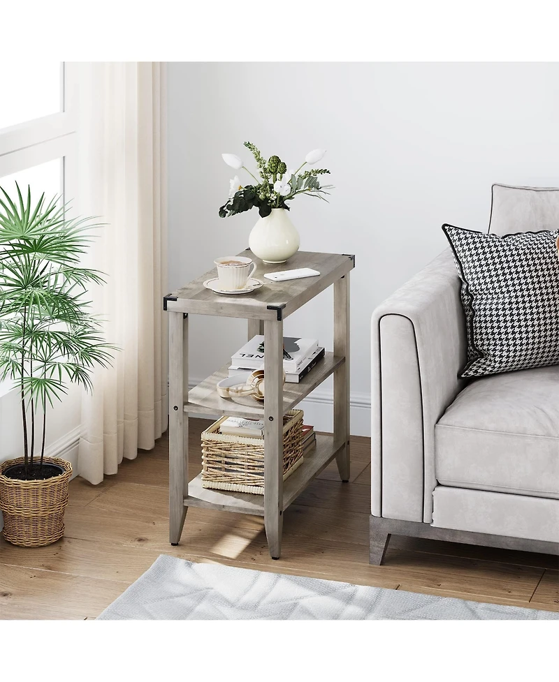 Gaomon Grey Farmhouse End Table, 3 Tier Rustic Side Table, Narrow Sofa Table Set of 2 with Ample Storage Shelf, Rectangular Nightstand