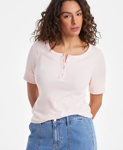 On 34th Women's Short Sleeve Ribbed Henley Tee, Exclusively at Macy's