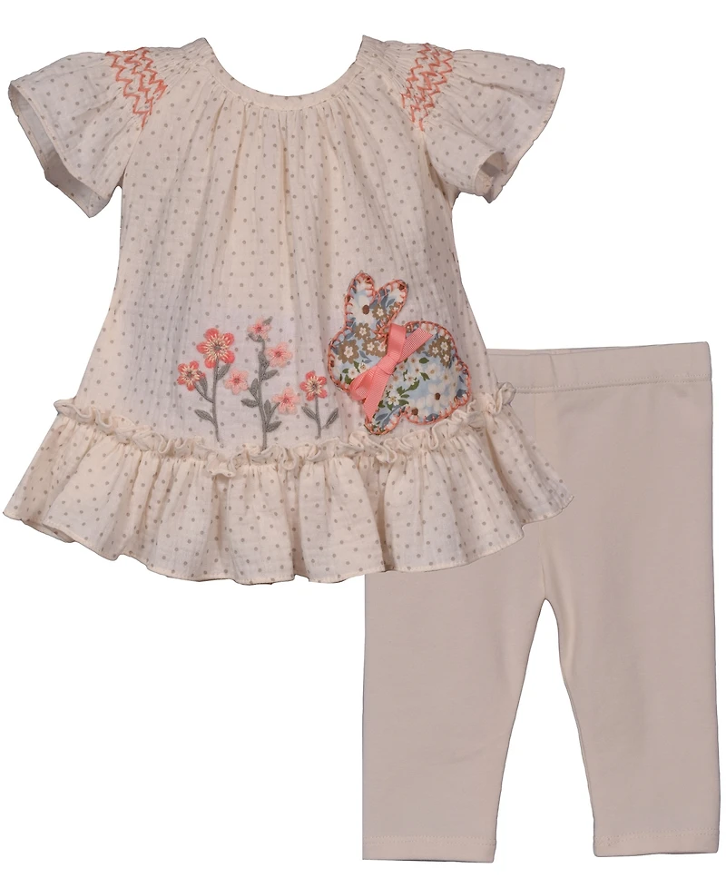 Bonnie Baby Baby Girls 2-Piece Smocked Bunny Top and Floral Applique Legging