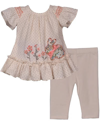 Bonnie Baby Baby Girls 2-Piece Smocked Bunny Top and Floral Applique Legging