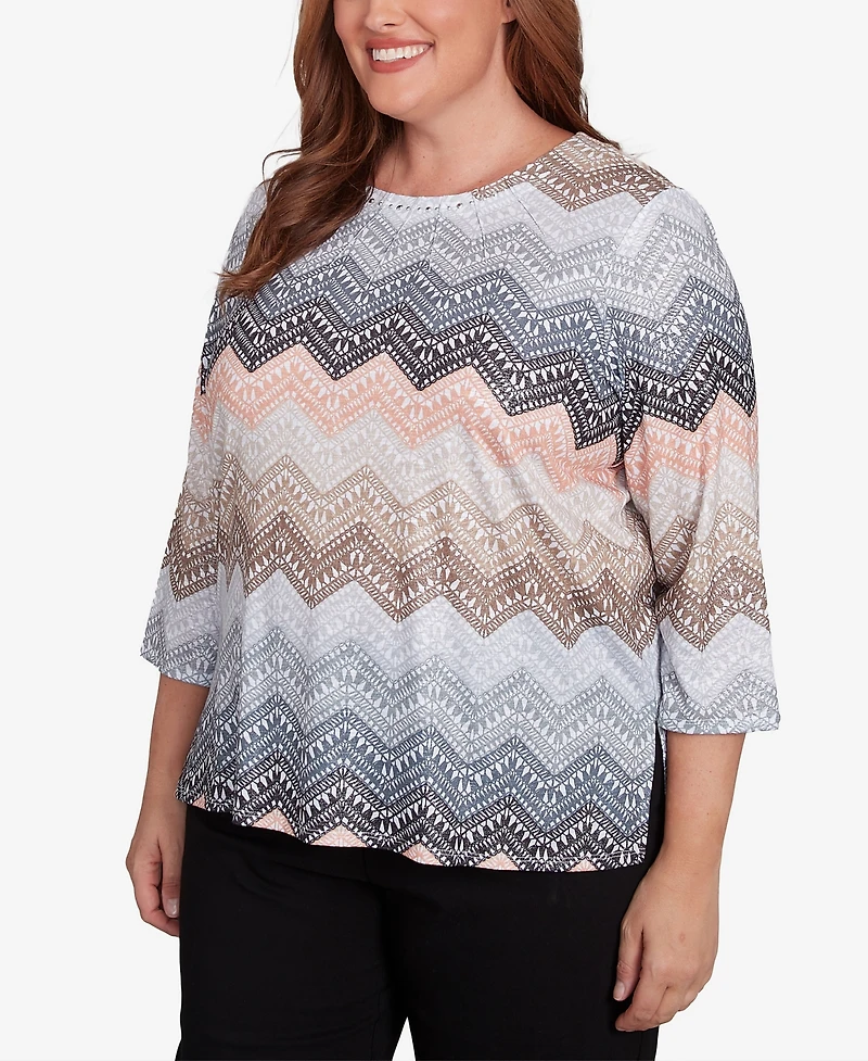 Alfred Dunner Plus Classic Lacey Ombre Chevron Crew Neck Top