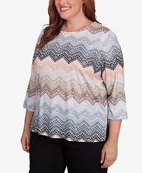 Alfred Dunner Plus Classic Lacey Ombre Chevron Crew Neck Top