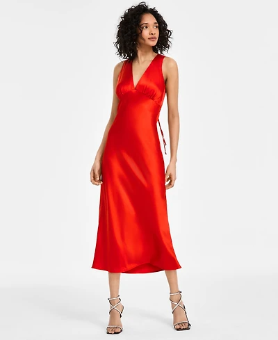 Emerald Sundae Juniors' V-Neck A-Line Satin Midi Dress