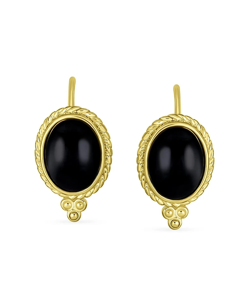 Bling Jewelry Black Onyx Cable Edge Oval Drop Earrings Gold Plated .925 Silver